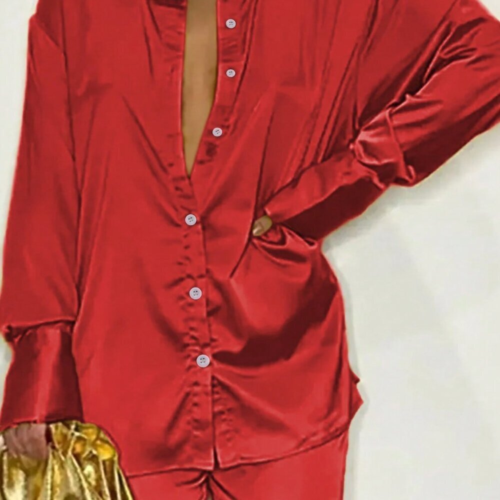 Red Casual Women's Long-Sleeved Satin Lapel Shoulder-Sleeved Shirt And Pants Set - Picture 3 of 3